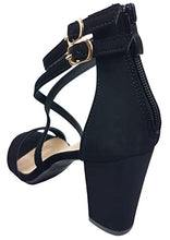 Load image into Gallery viewer, Over the Toe Strap Ankle Wrap Strap Heel Open Toe Block Heel Criss Cross Low, Black, 9