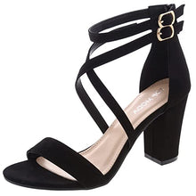 Load image into Gallery viewer, Over the Toe Strap Ankle Wrap Strap Heel Open Toe Block Heel Criss Cross Low, Black, 9